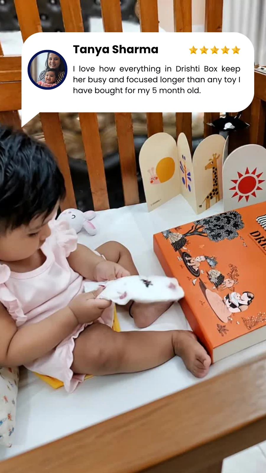 Five-star review from Tanya Sharma beside a baby playing with the Drishti Kit