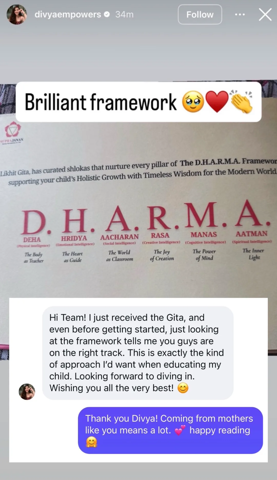 Verified Instagram review from @divyaempowers praising the Likhit Gita D.H.A.R.M.A. Framework
