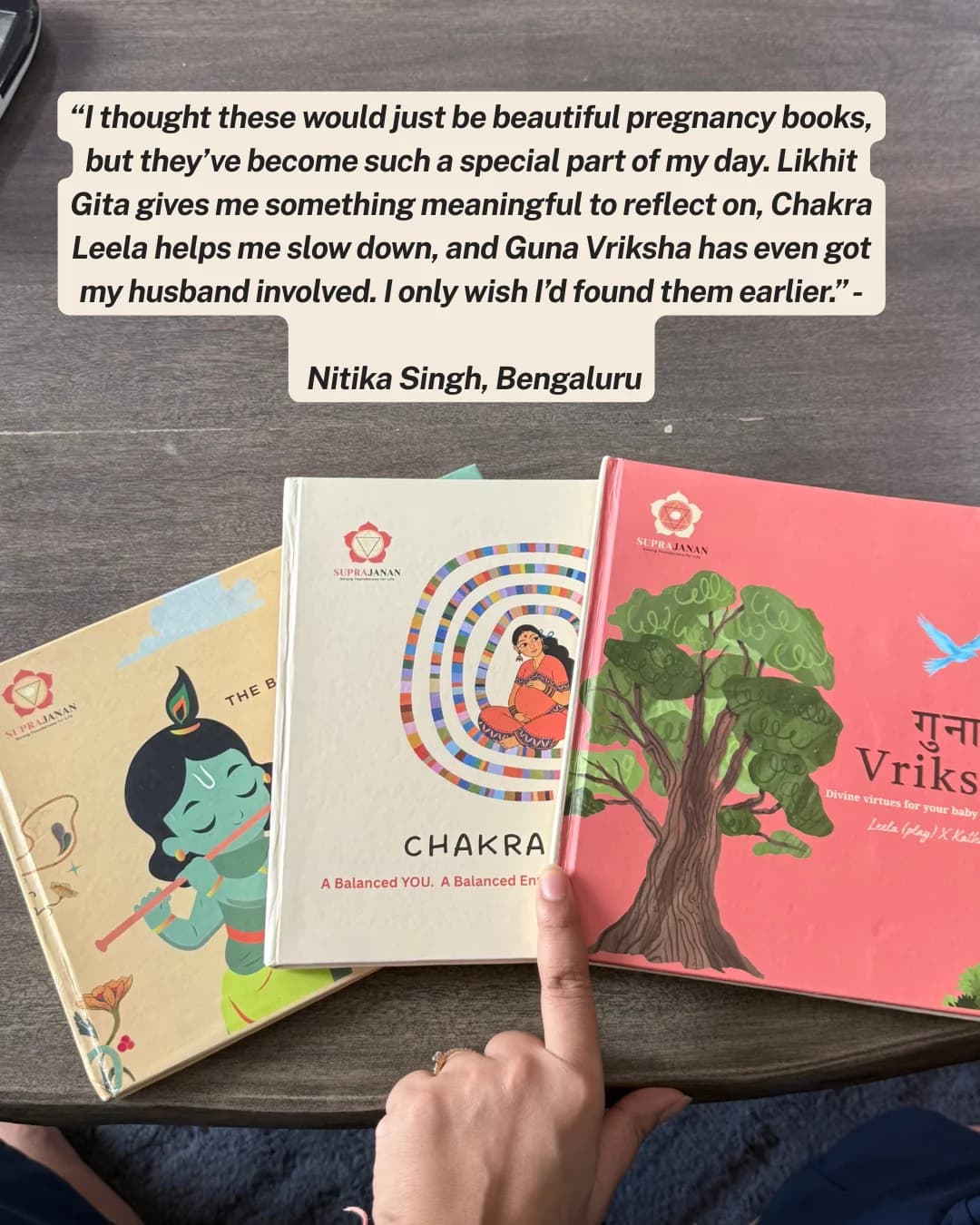 Nitika Singh's note on all three books, with the set laid out beneath it
