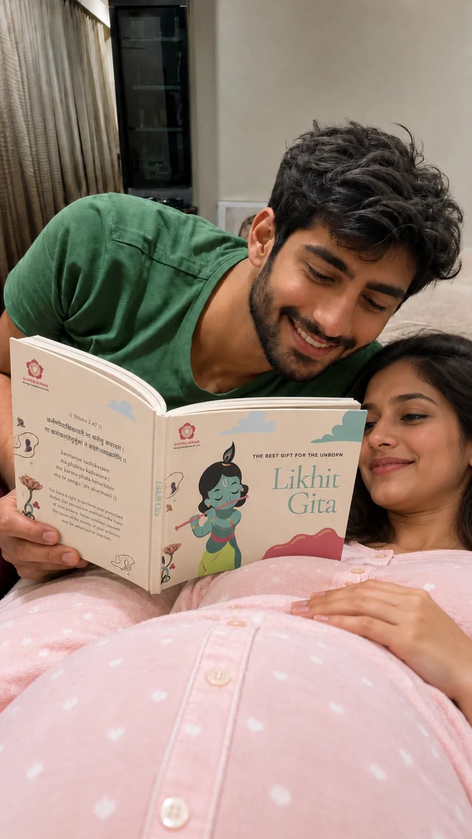 Father reading the Likhit Gita aloud to his pregnant wife